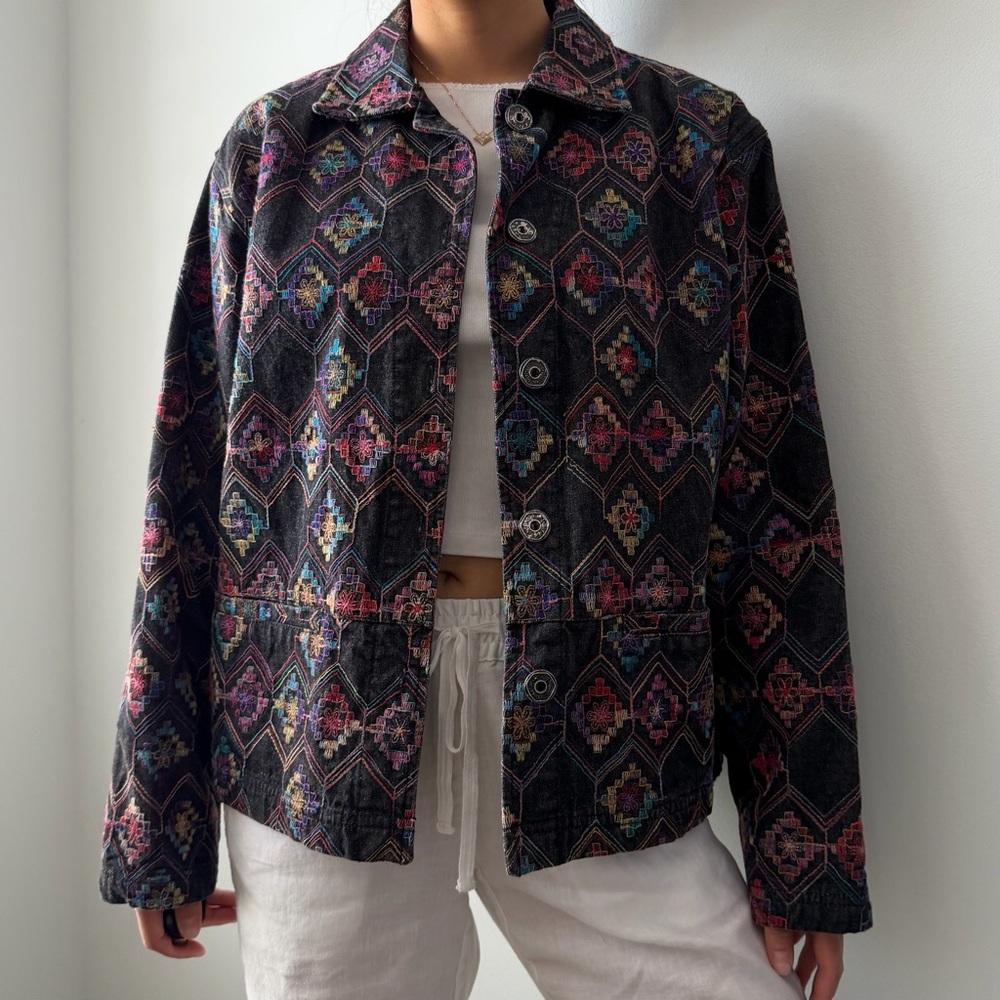1990s Chico's Design Embroidered Denim Jacket - Medium